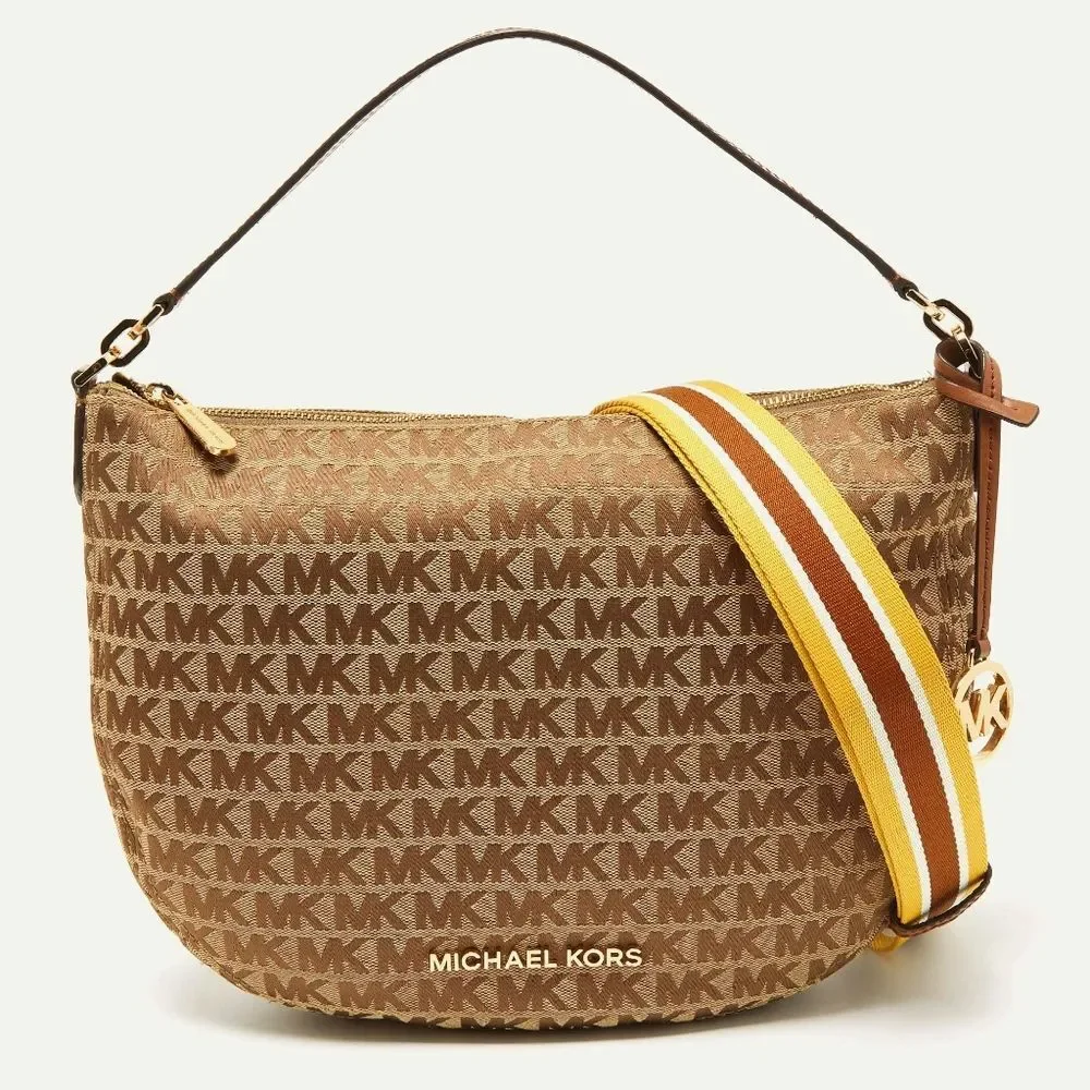 NEW Michael Kors MK Designer Bedford Hobo Bag Tan jacquard Purse Bag Crossbody